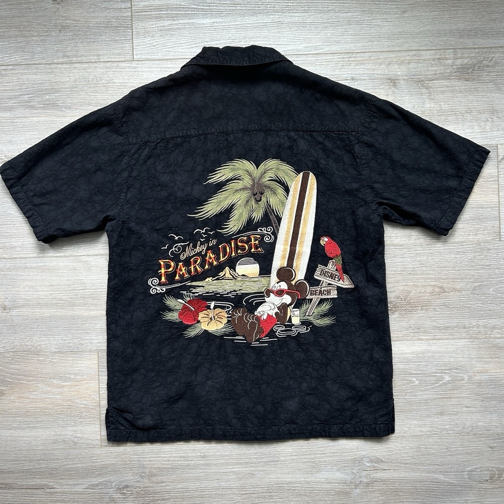 Disney Parks Mickey in Paradise Shirt Mens S Black Hawaiian Aloha Embroidered